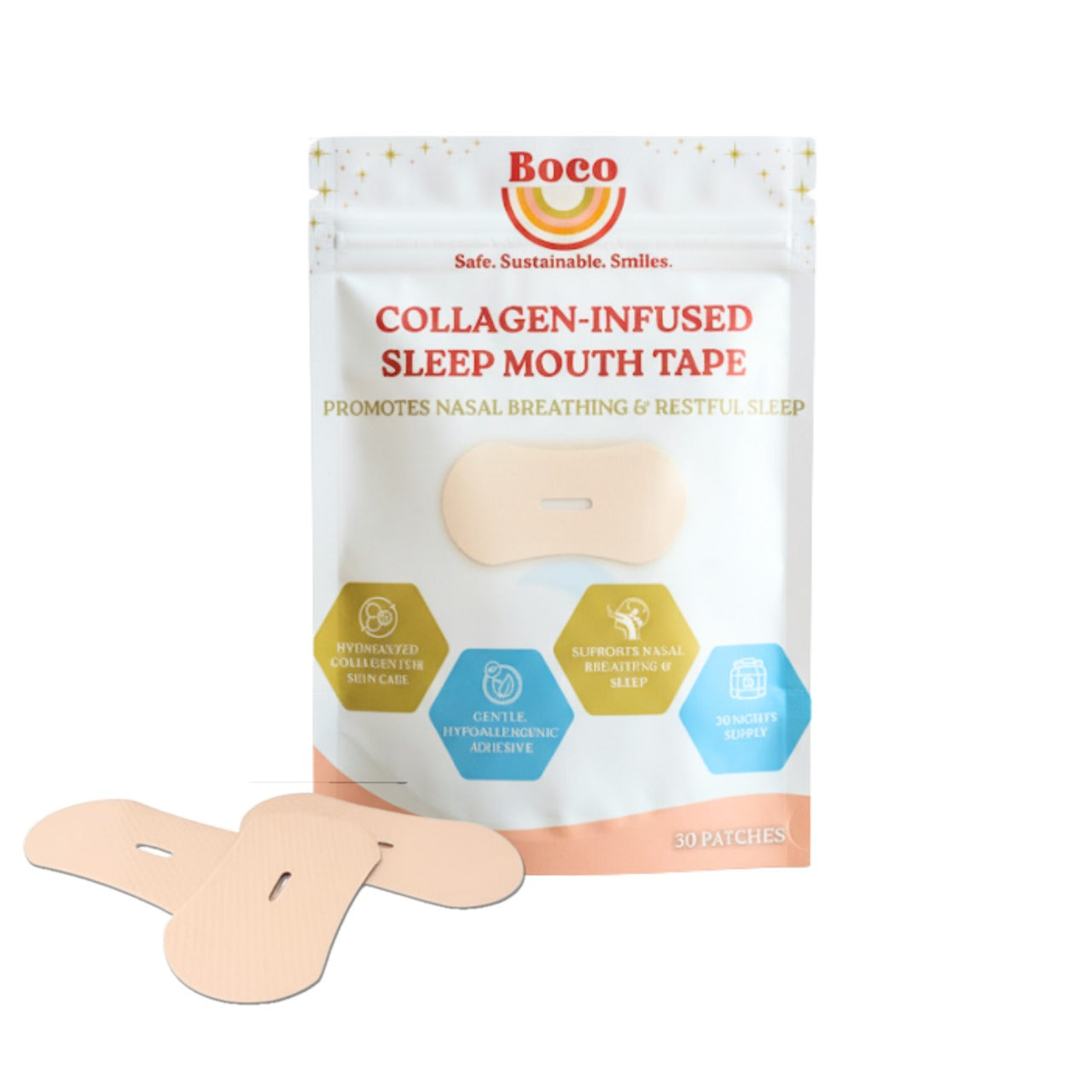 Boco Collagen-Infused Mouth Tape for Better Sleep – 30 Night Strips | Nasal Breathing & Skin Hydration | Hypoallergenic & Gentle