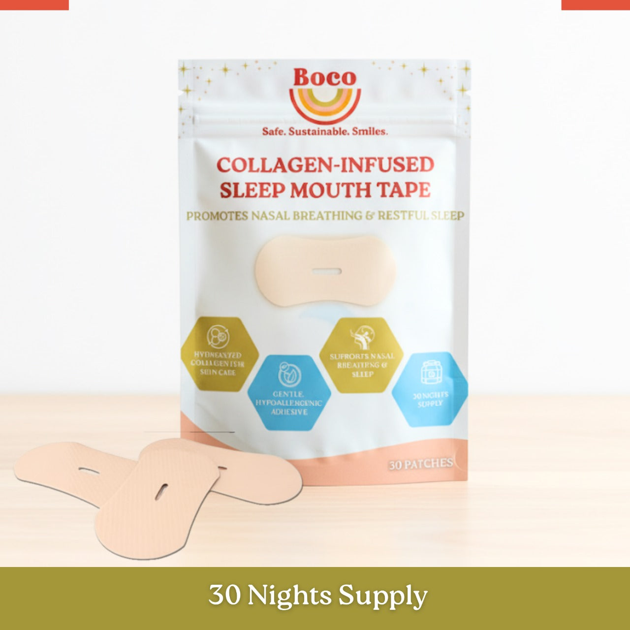 Boco Collagen-Infused Mouth Tape for Better Sleep – 30 Night Strips | Nasal Breathing & Skin Hydration | Hypoallergenic & Gentle
