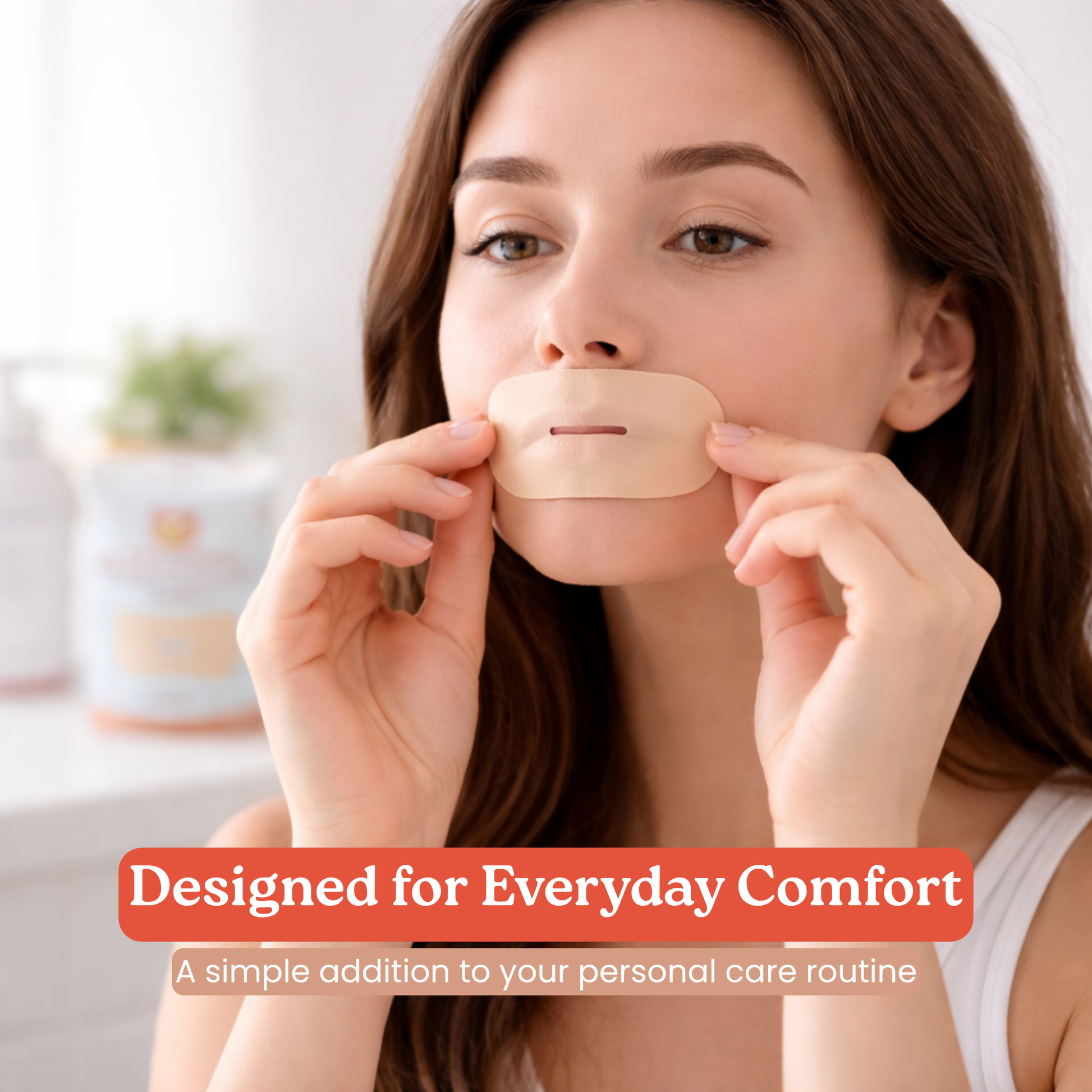 Woman Applying Boco Collagen-Infused Mouth Tape – Designed for Everyday Comfort