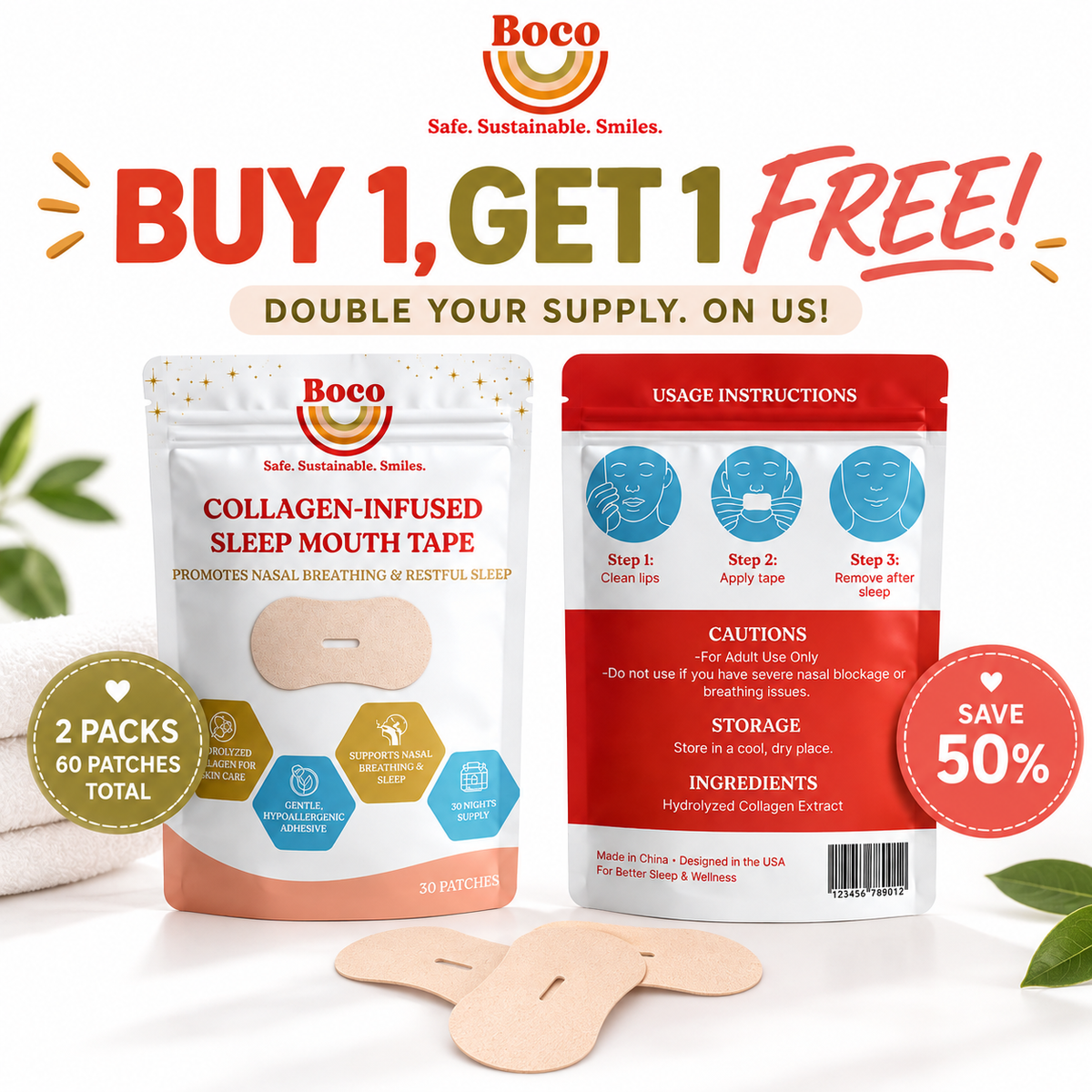Boco Collagen-Infused Mouth Tape for Better Sleep – 30 Night Strips | Nasal Breathing & Skin Hydration | Hypoallergenic & Gentle